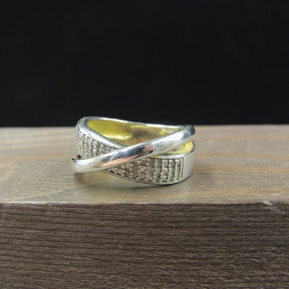 Size 6 Sterling Silver Cloudy Diamond Crossing Style Band Ring Vintage - Picture 3 of 10